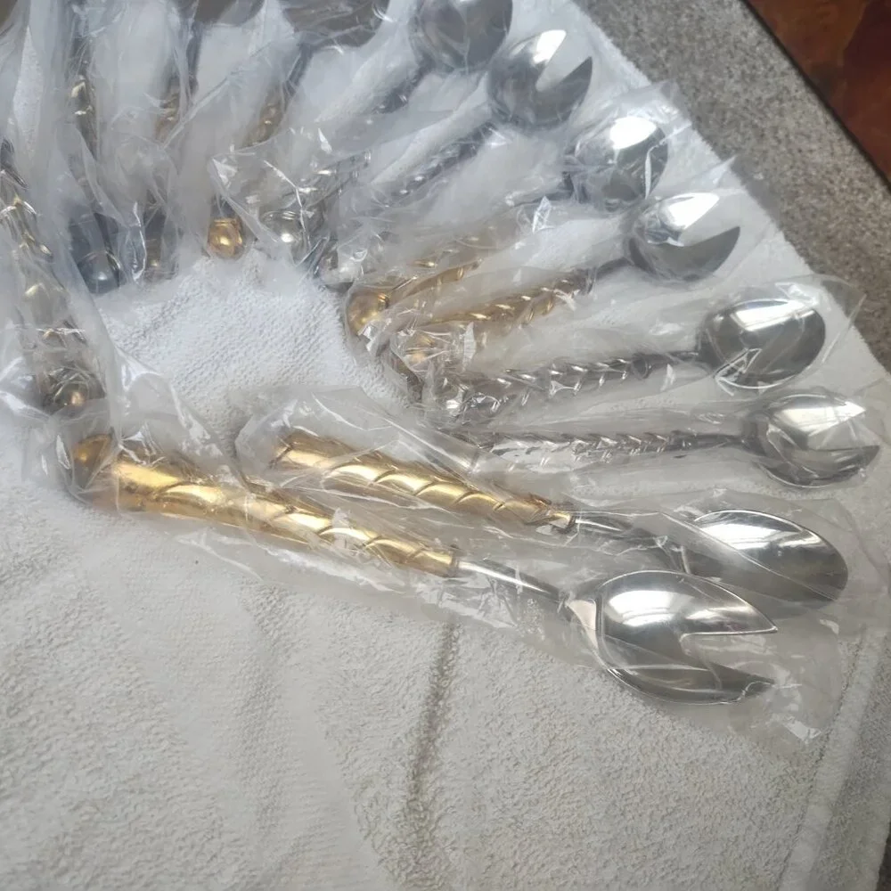 12 PC LOT French Silver Gold Plate Stainless Spoon Salad Cake Hostess Server SET